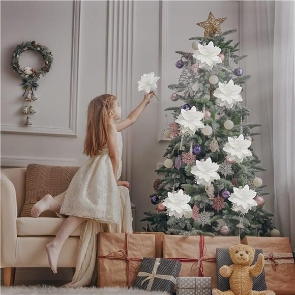 12 Pcs Poinsettia Artificial Christmas Flowers Decorations with Clips and Stems - Picture 4 of 7